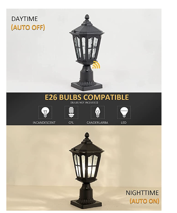 Dusk to Dawn Post Light Outdoor with 3 Inch Pier Mount Base